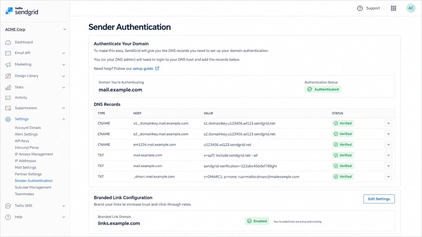 A SendGrid sender authentication screen with domain and link branding settings.