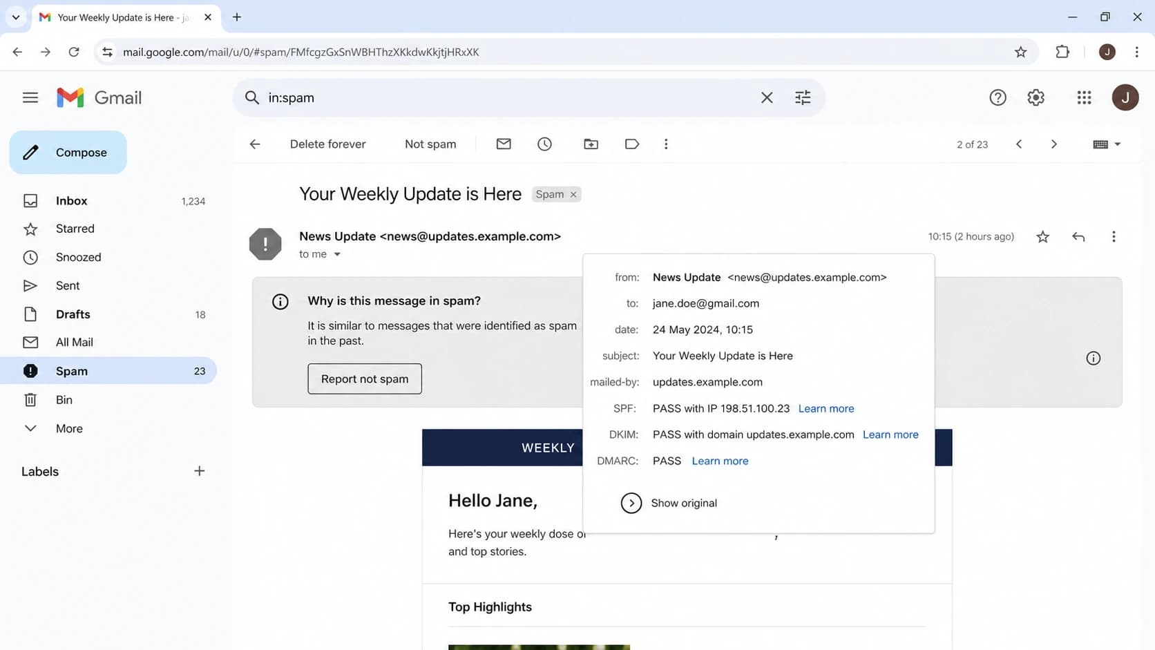 Gmail message details showing that authentication can pass while a newsletter still lands in spam.