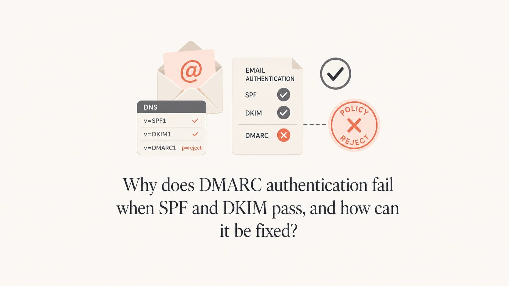 An email authentication thumbnail showing SPF and DKIM checks separate from a DMARC policy stamp.