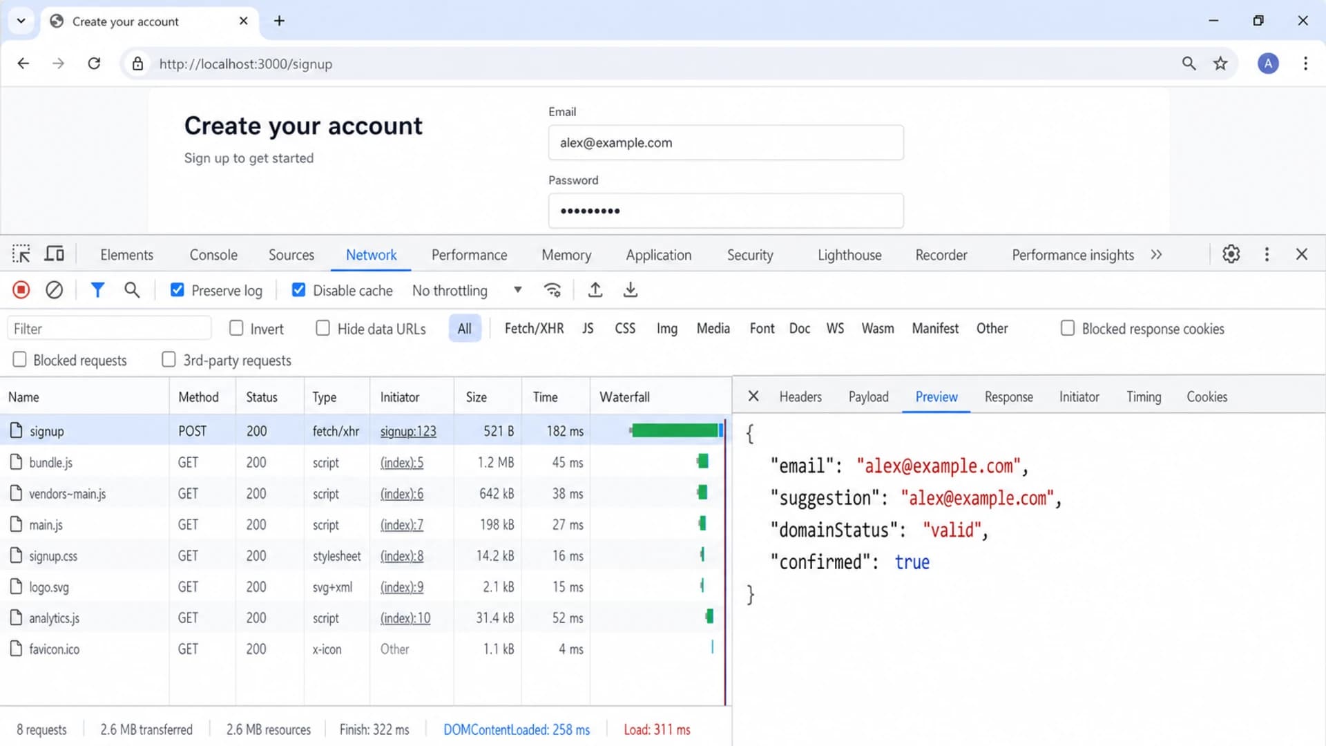 Google Chrome DevTools Network tab showing a tested signup form response.