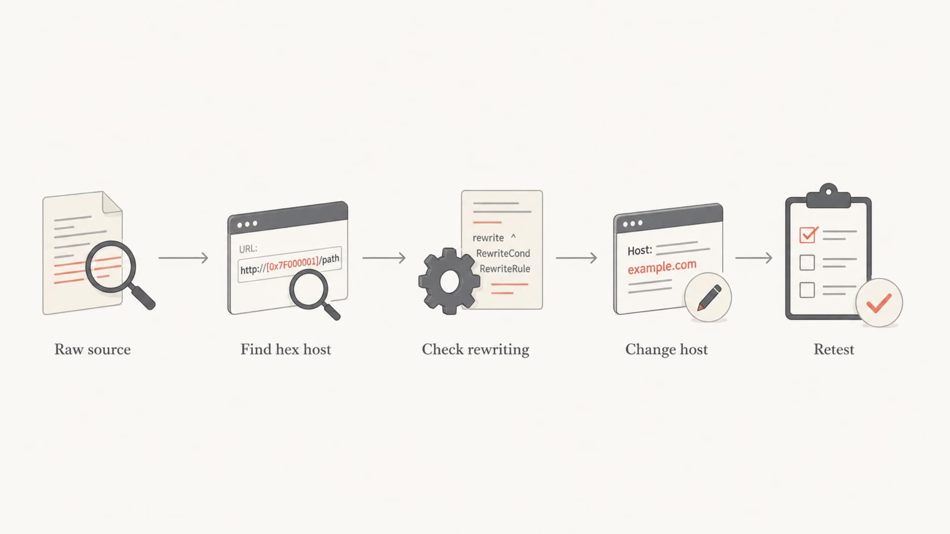 Flowchart for finding and fixing a hexadecimal hostname in an email link.