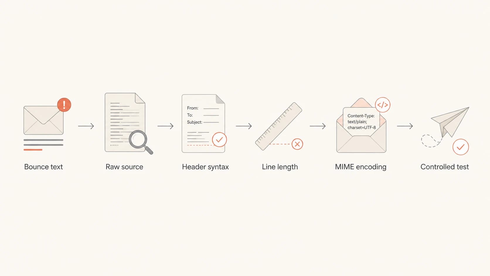 Flowchart showing bounce text, raw source, headers, line length, encoding, and retest.