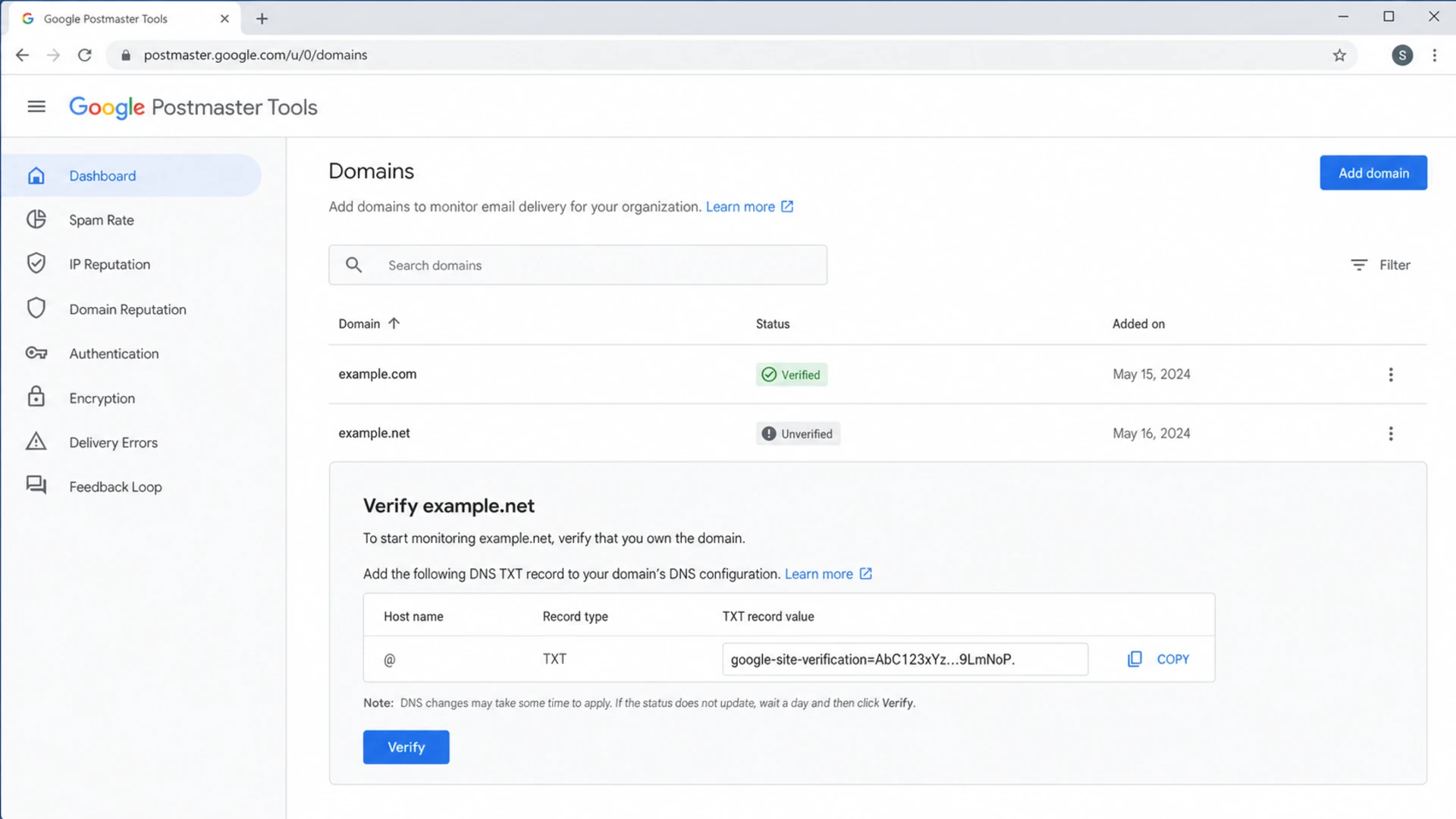 Google Postmaster Tools screen showing one verified domain and one unverified domain.