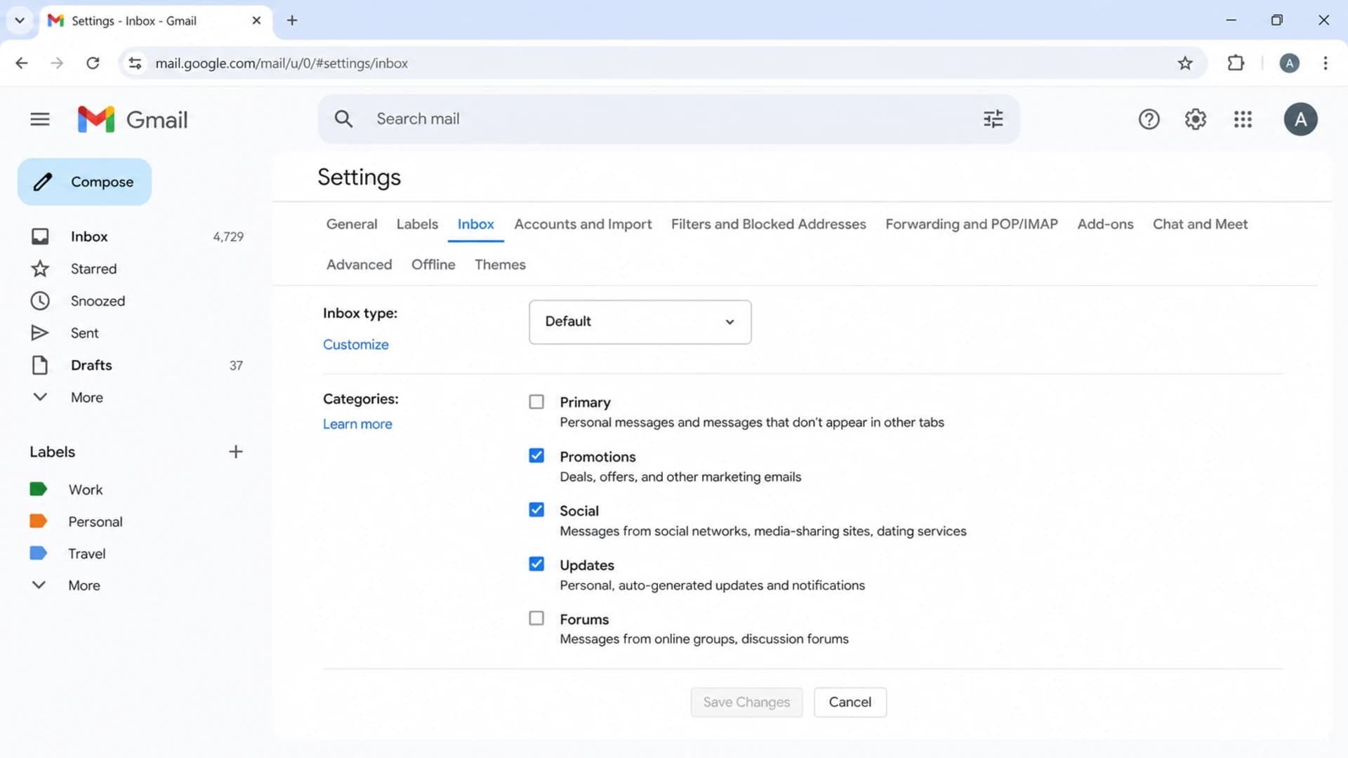 Gmail settings screen showing inbox category choices.