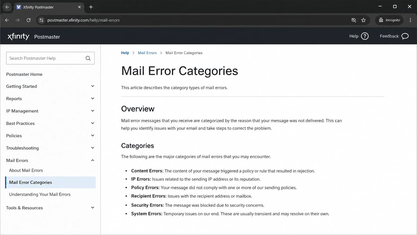 Xfinity Service Policy Assurance postmaster help page in a browser.