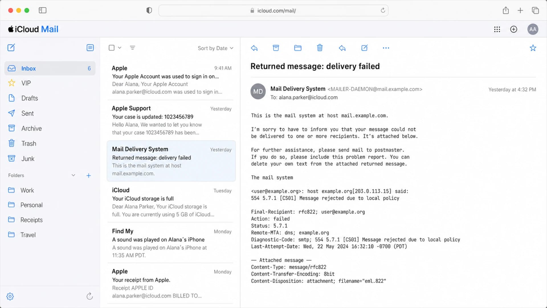 Example iCloud Mail screen showing a CS01 delivery failure message