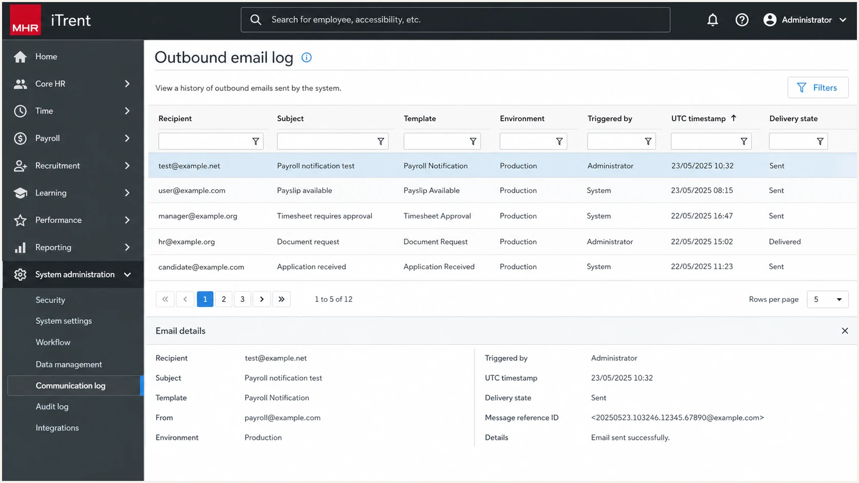 MHR iTrent outbound email log for a test payroll notification
