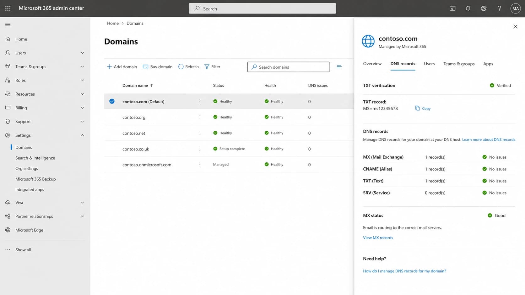 Microsoft 365 admin center domain settings used during MSP onboarding