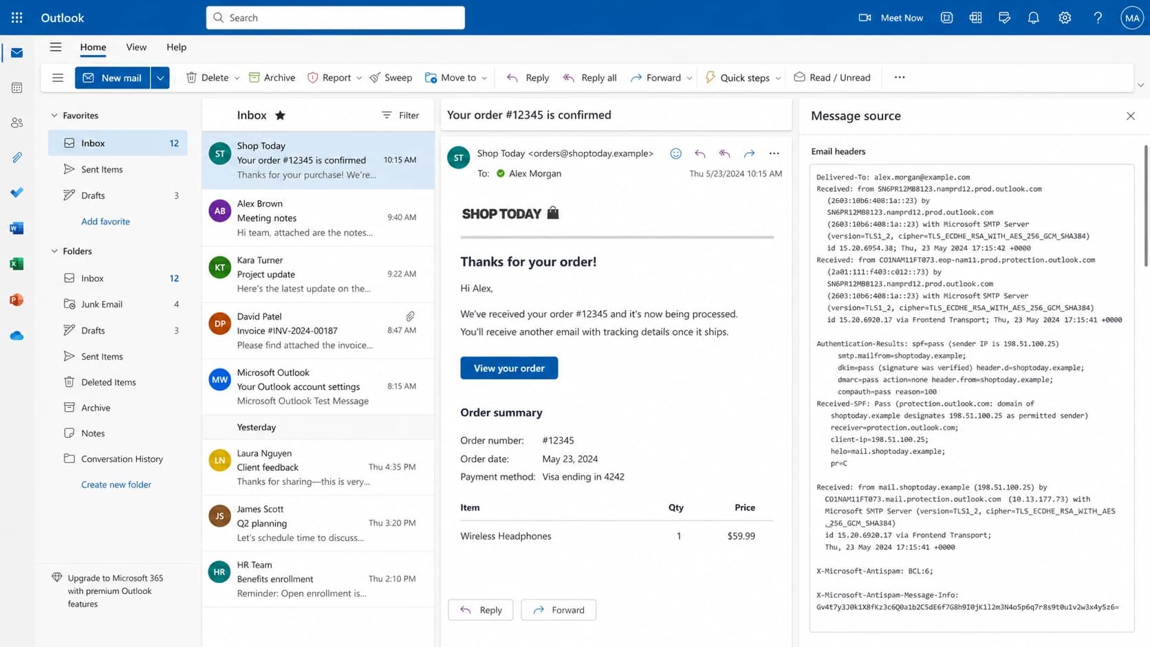 Microsoft Outlook on the web message source showing BCL and authentication headers.