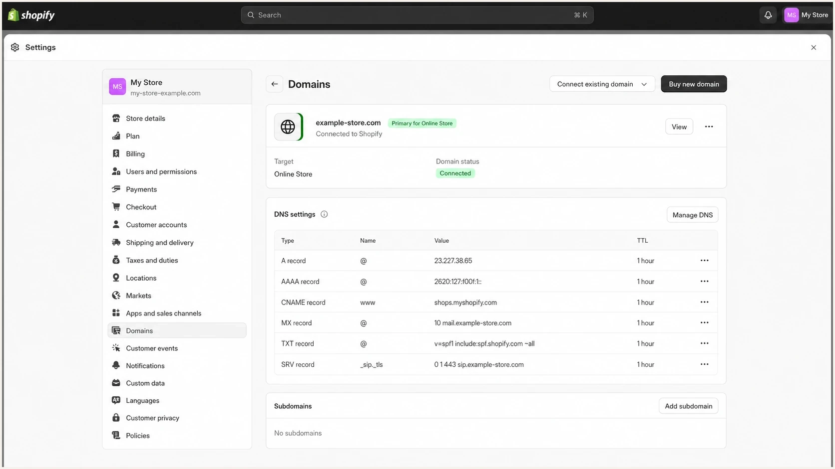 A Shopify Admin domain settings screen showing where DNS records are managed.