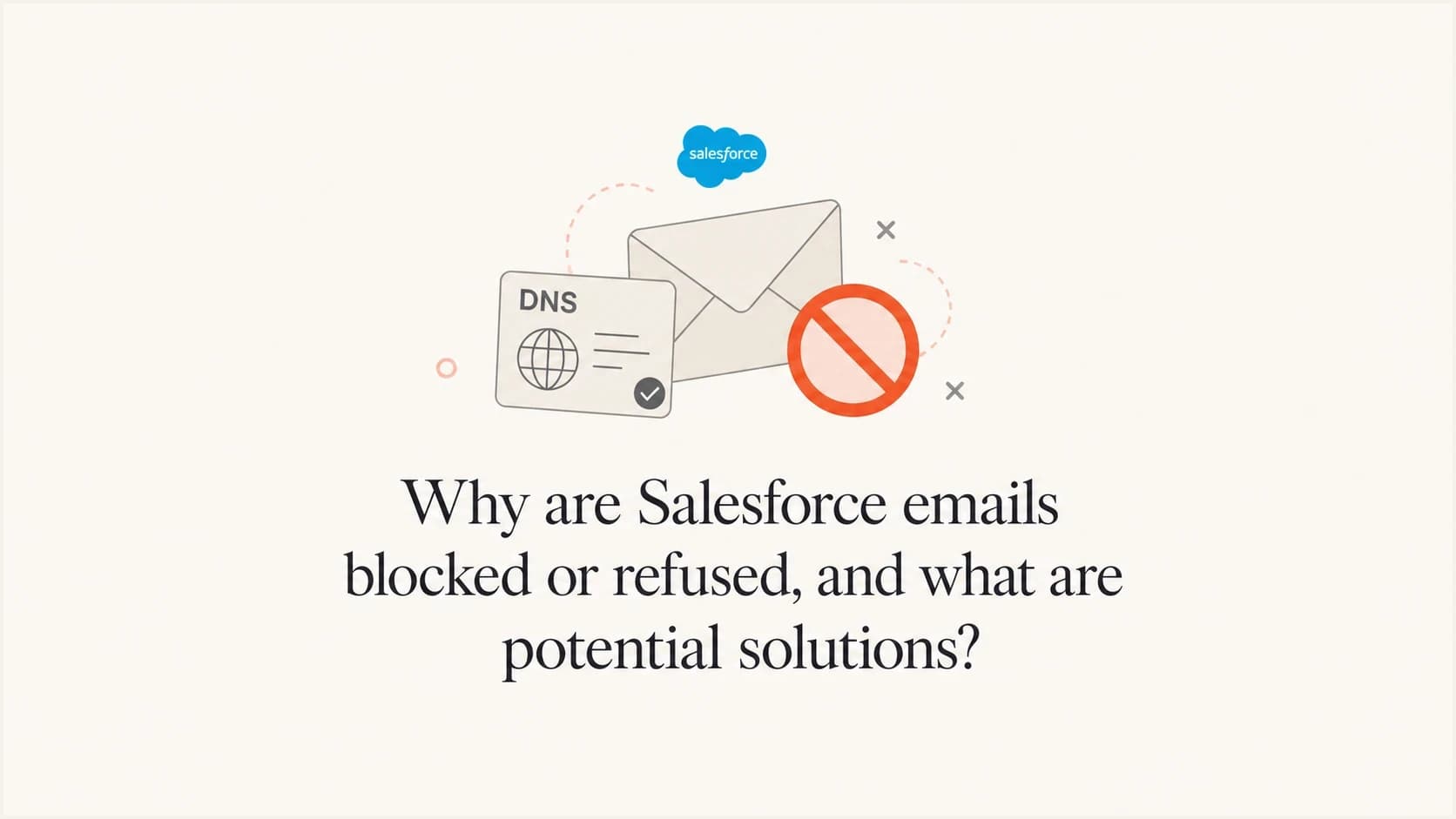 Salesforce email delivery problem shown with mail, DNS, and refusal symbols.
