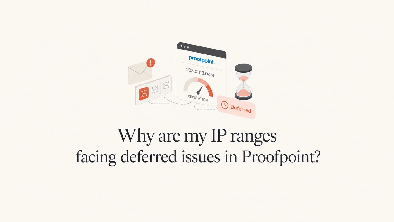 Proofpoint IP deferral article thumbnail with email queue and reputation objects.