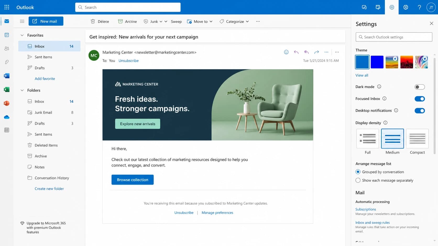 Microsoft Outlook on the web showing a marketing email with an unsubscribe control.