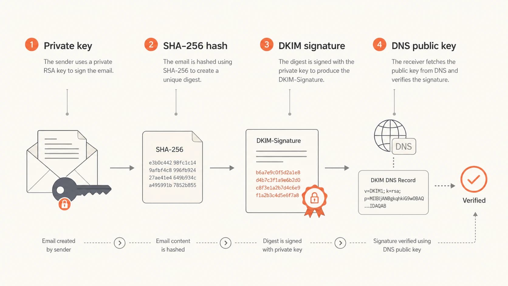A simple DKIM flow showing private key signing and DNS public key verification.