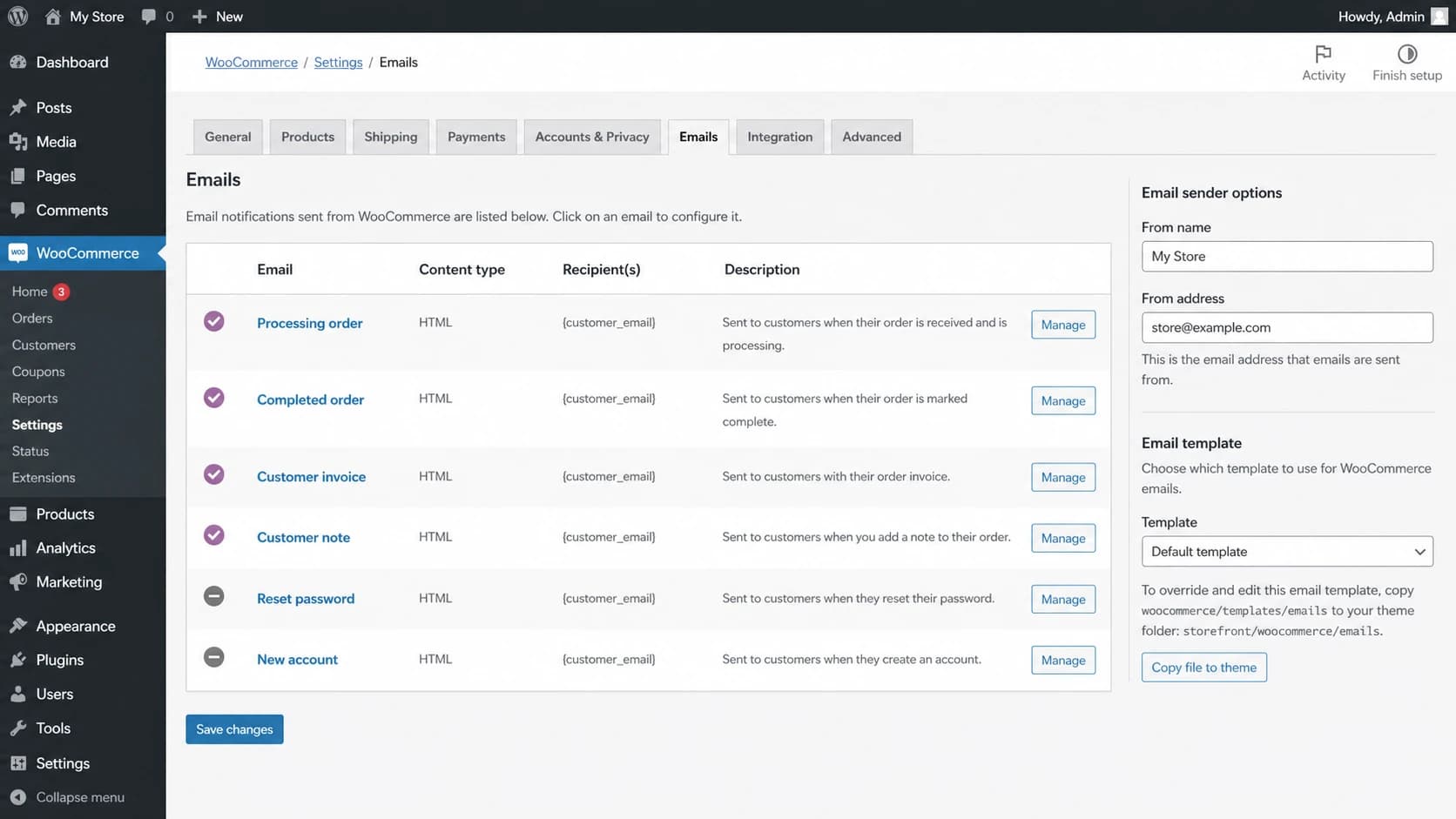 WooCommerce email settings in the WordPress admin dashboard.