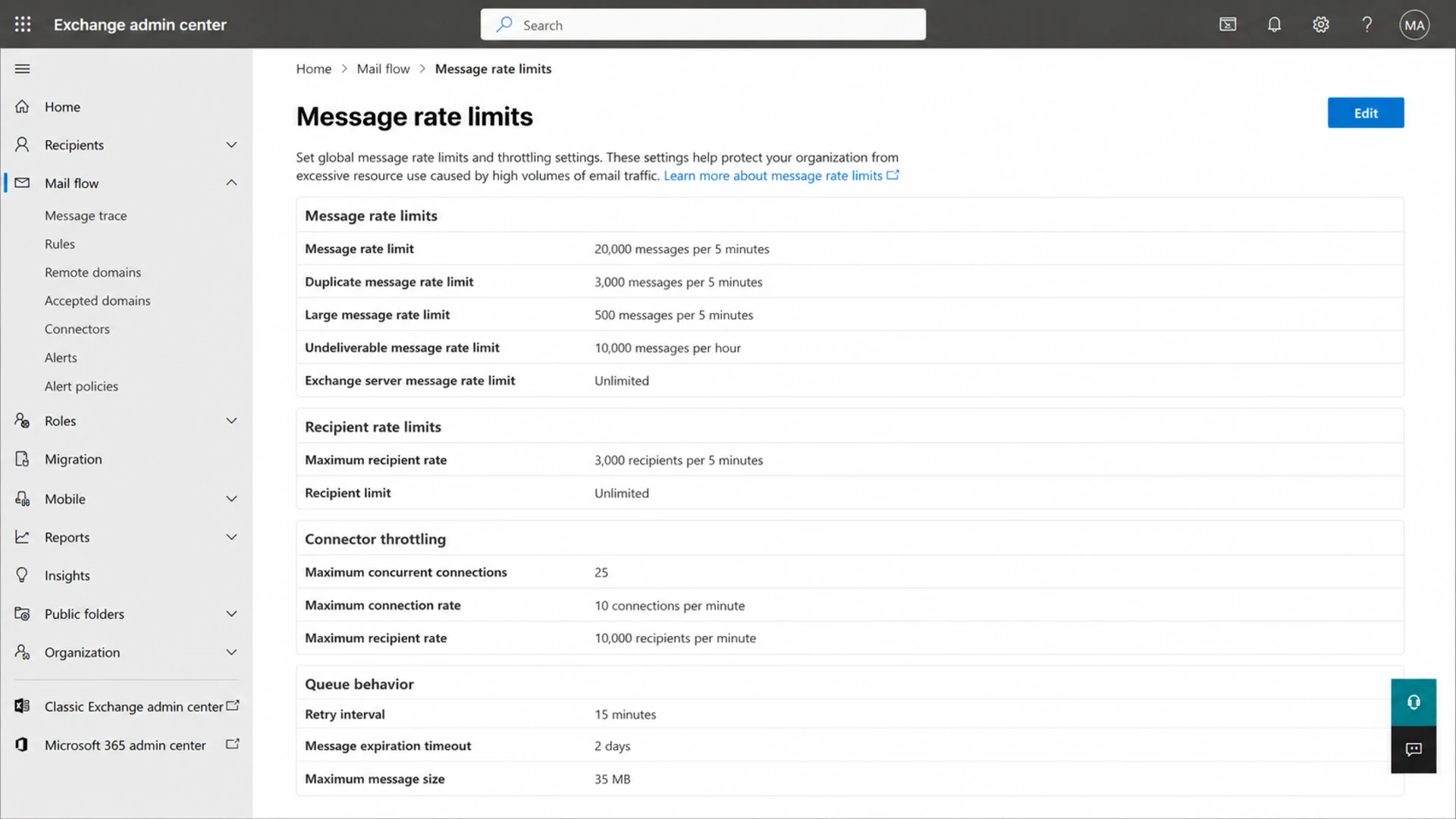 Microsoft Exchange admin center rate limit settings screenshot.