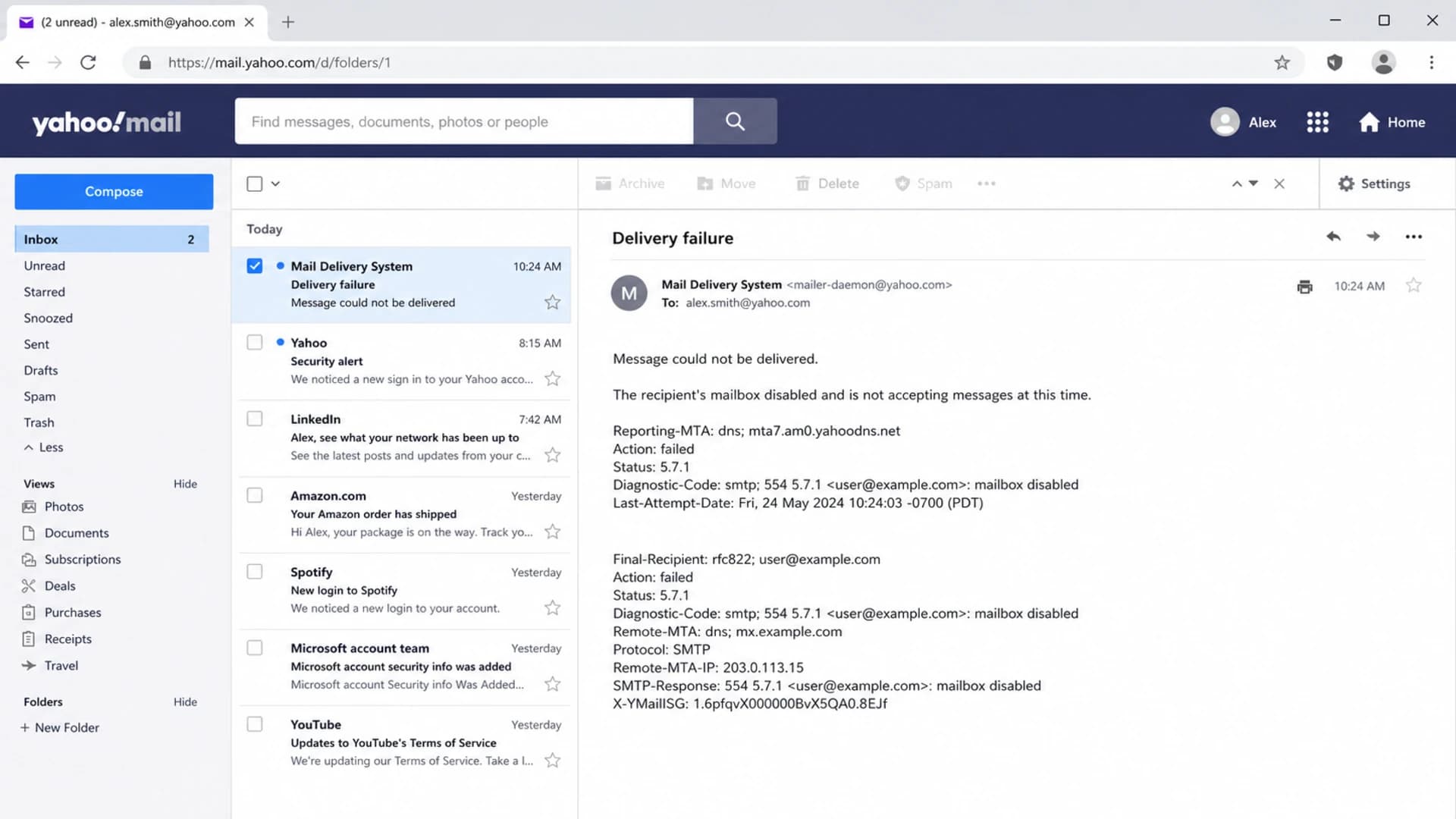 Yahoo Mail screenshot showing a delivery failure message for a disabled mailbox