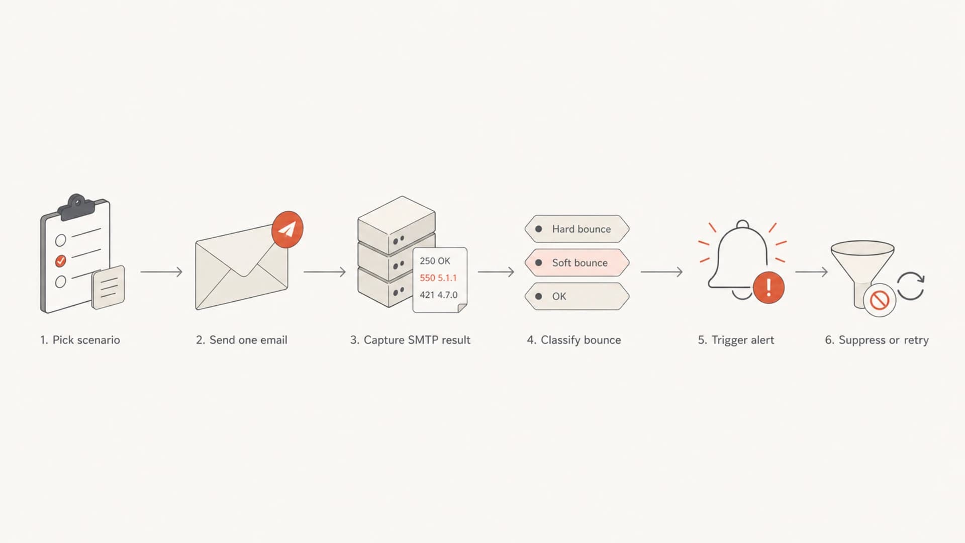 Flowchart showing the six steps of a controlled bounce alert test.