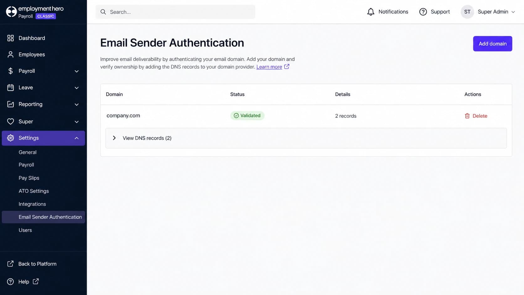 Employment Hero domain validated after DKIM DNS records resolve