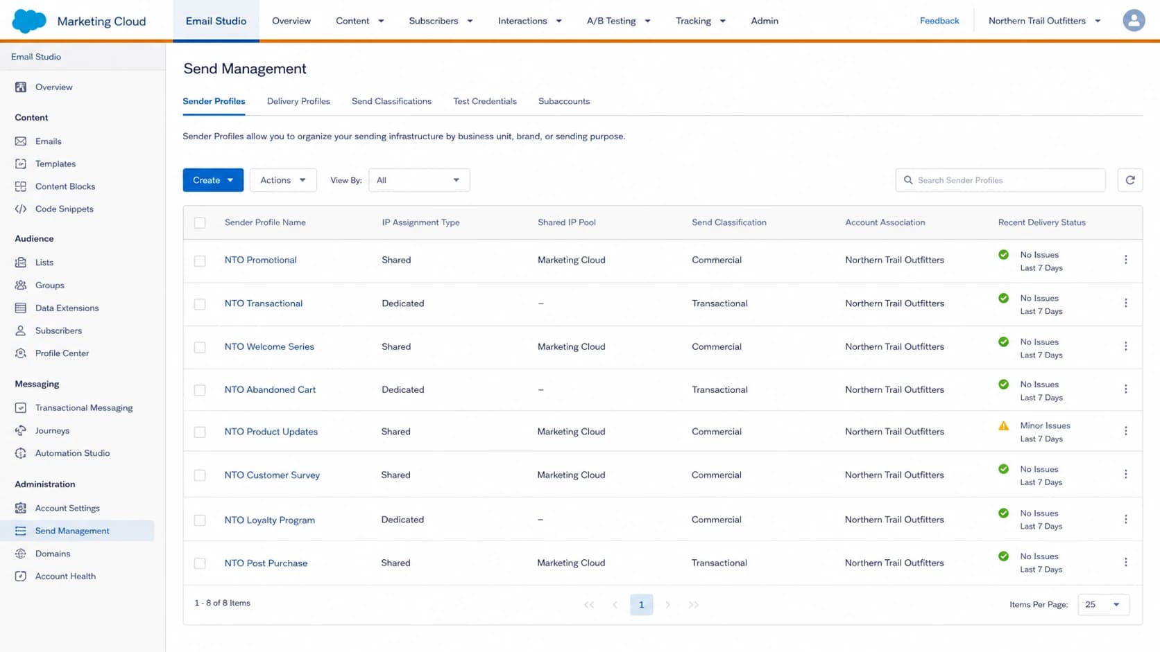 Salesforce Marketing Cloud Email Studio showing shared IP sending settings.