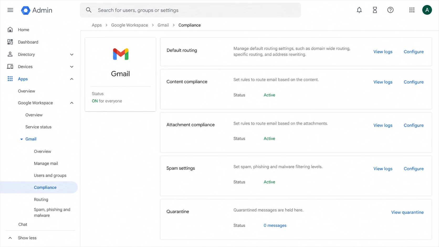 Google Admin console settings can affect whether Workspace mail is routed to spam or quarantine.
