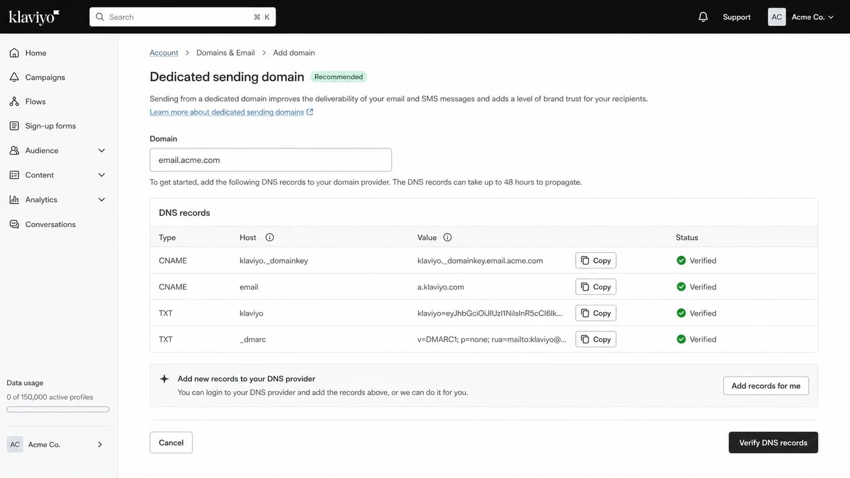 Klaviyo sender domain setup screen with DNS records.