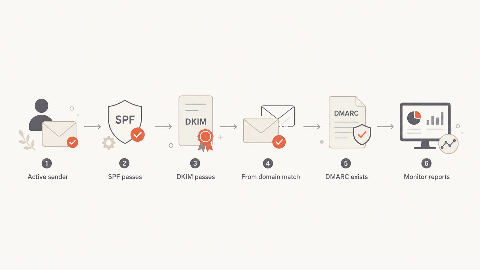 Flowchart showing the order to check SPF, DKIM, From domain matching, DMARC, and reporting.