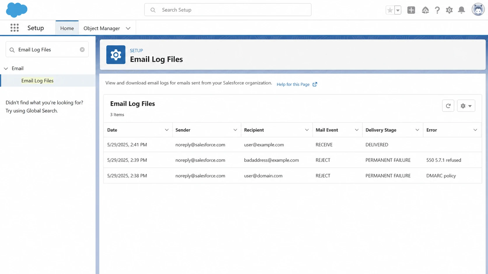 Salesforce Setup email log screen showing delivery events and refusal codes.