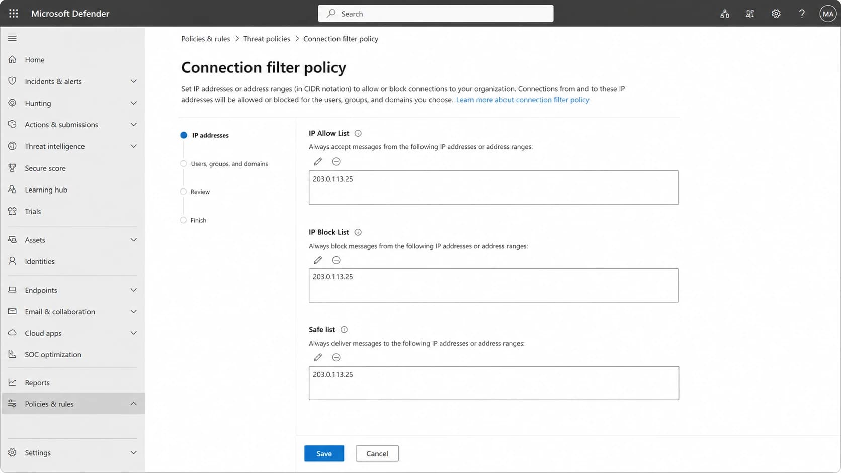 Microsoft Defender portal connection filter policy screen with IP allow and block settings.
