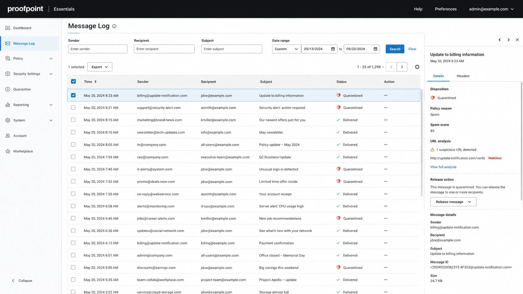 Proofpoint Essentials message log showing a quarantined email and disposition details.