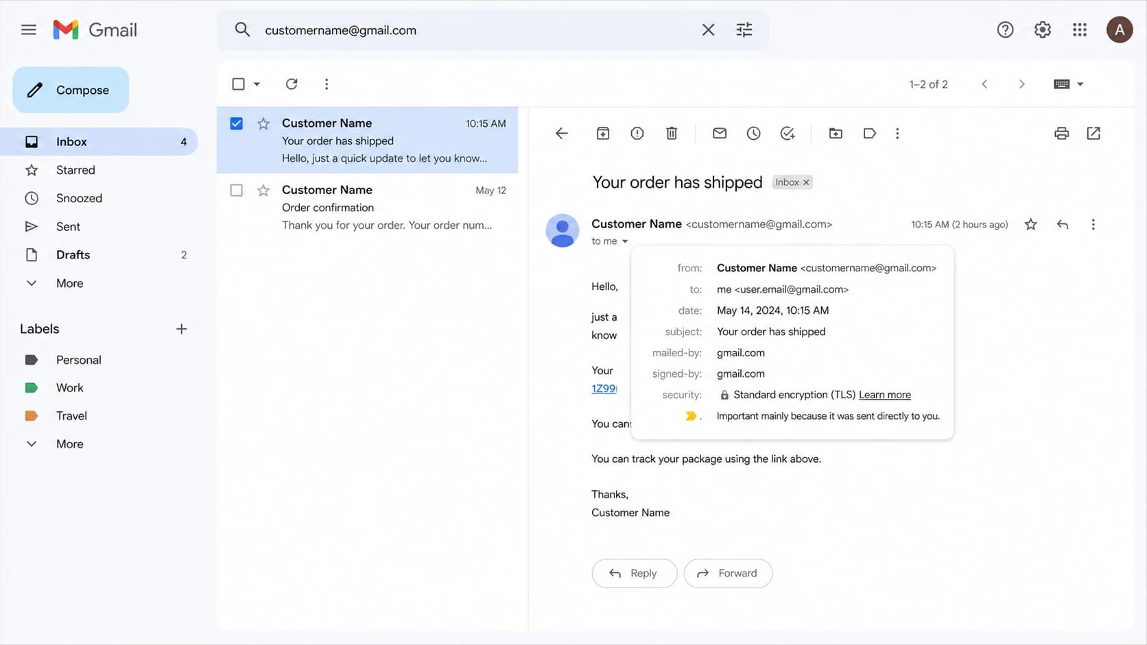 Gmail inbox screenshot showing dotted and undotted address variants in one mailbox.