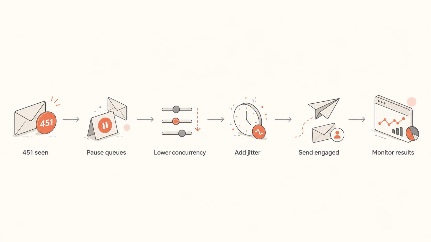A six-step flowchart for recovering from Hotmail connection-limit deferrals.