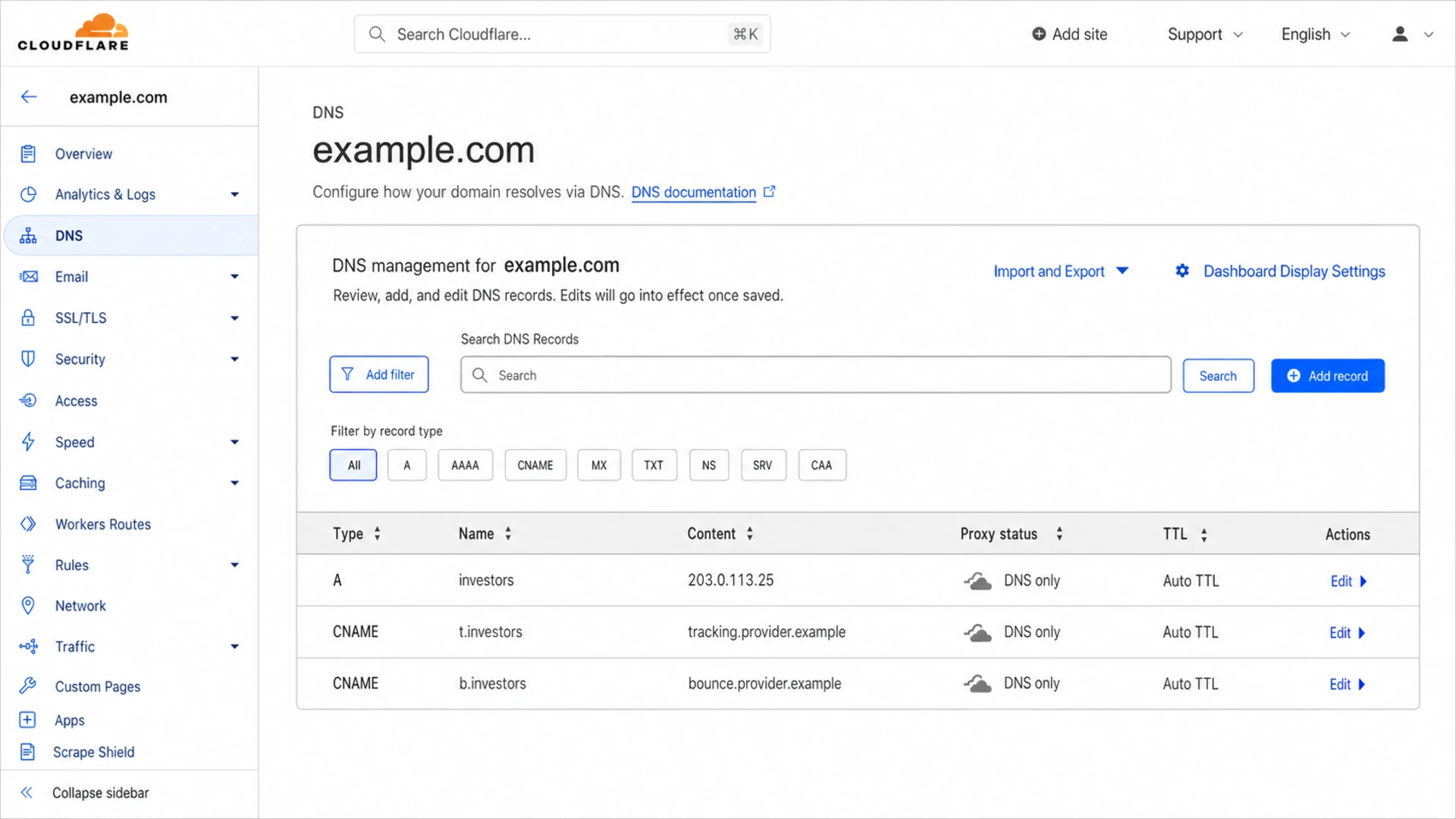Cloudflare DNS table showing A and CNAME records for a sending subdomain.