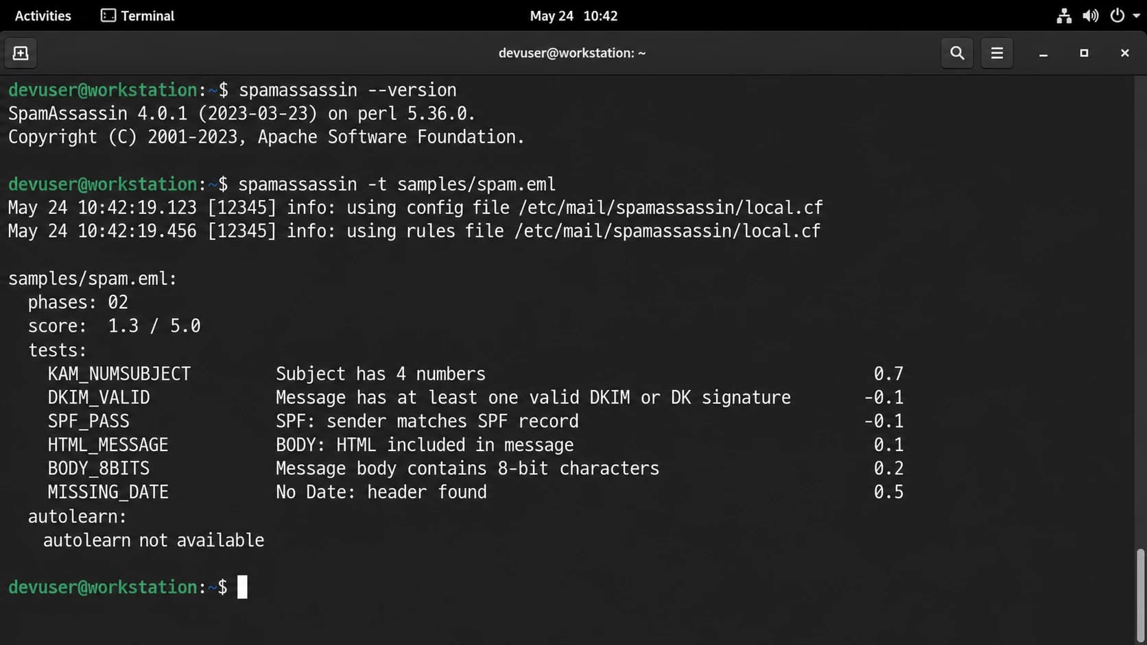 Apache SpamAssassin terminal output showing a score and rule hits.