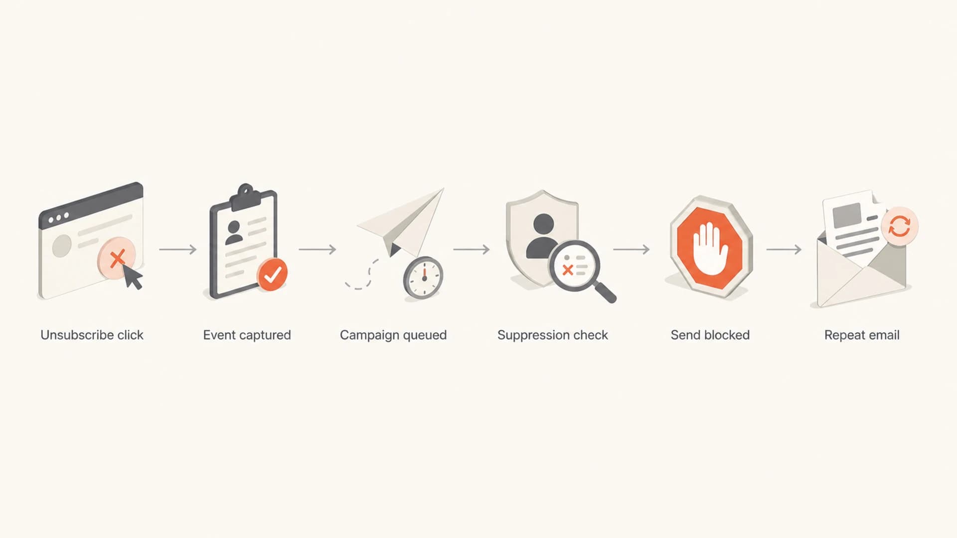 Flowchart showing where an unsubscribe can fail before a repeat re-engagement email is sent.