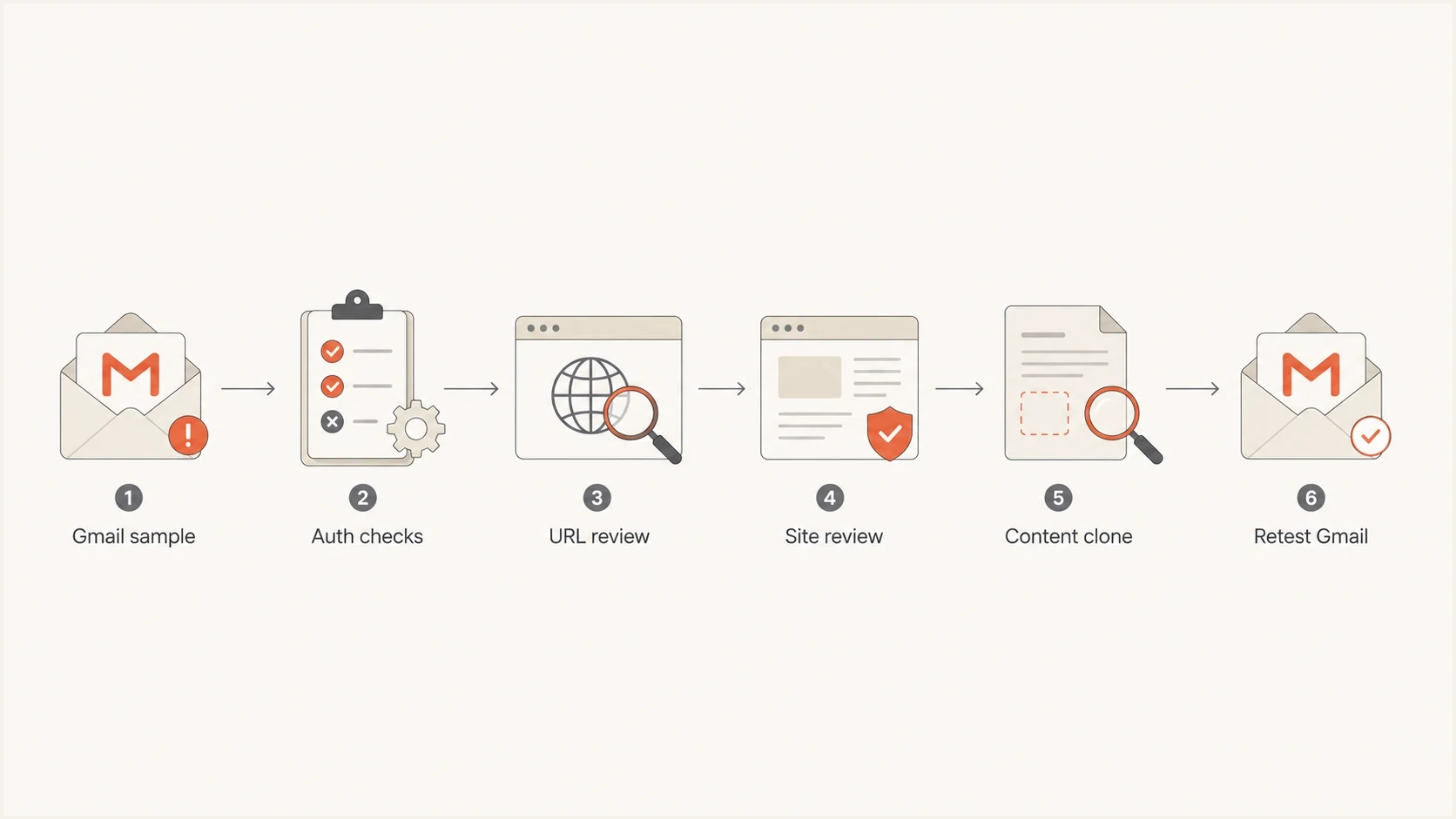 Flowchart for diagnosing a Gmail This message seems dangerous warning.