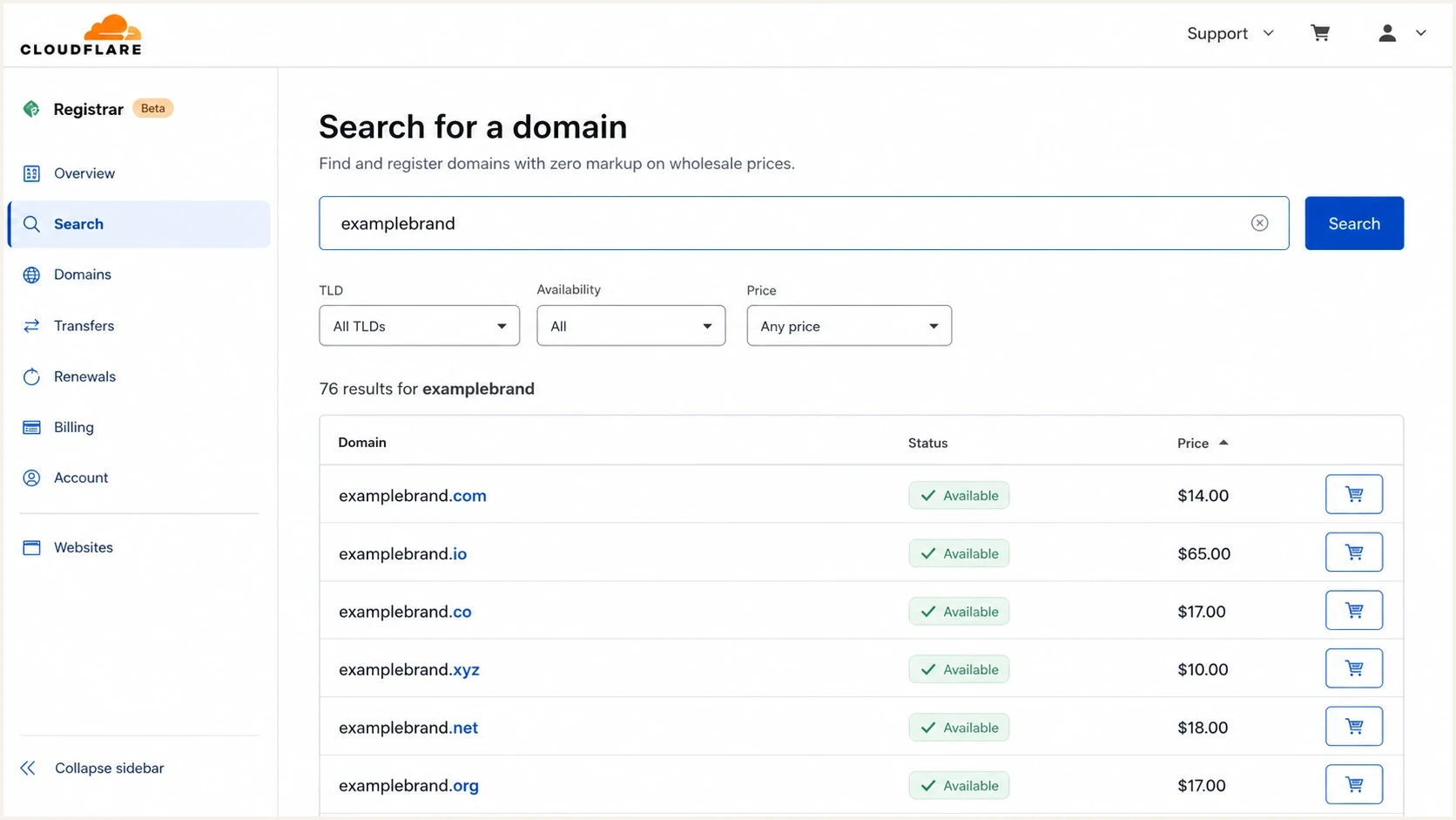 Cloudflare Registrar domain search for email domain TLD selection, comparing .com, .io, .co, and .xyz options.