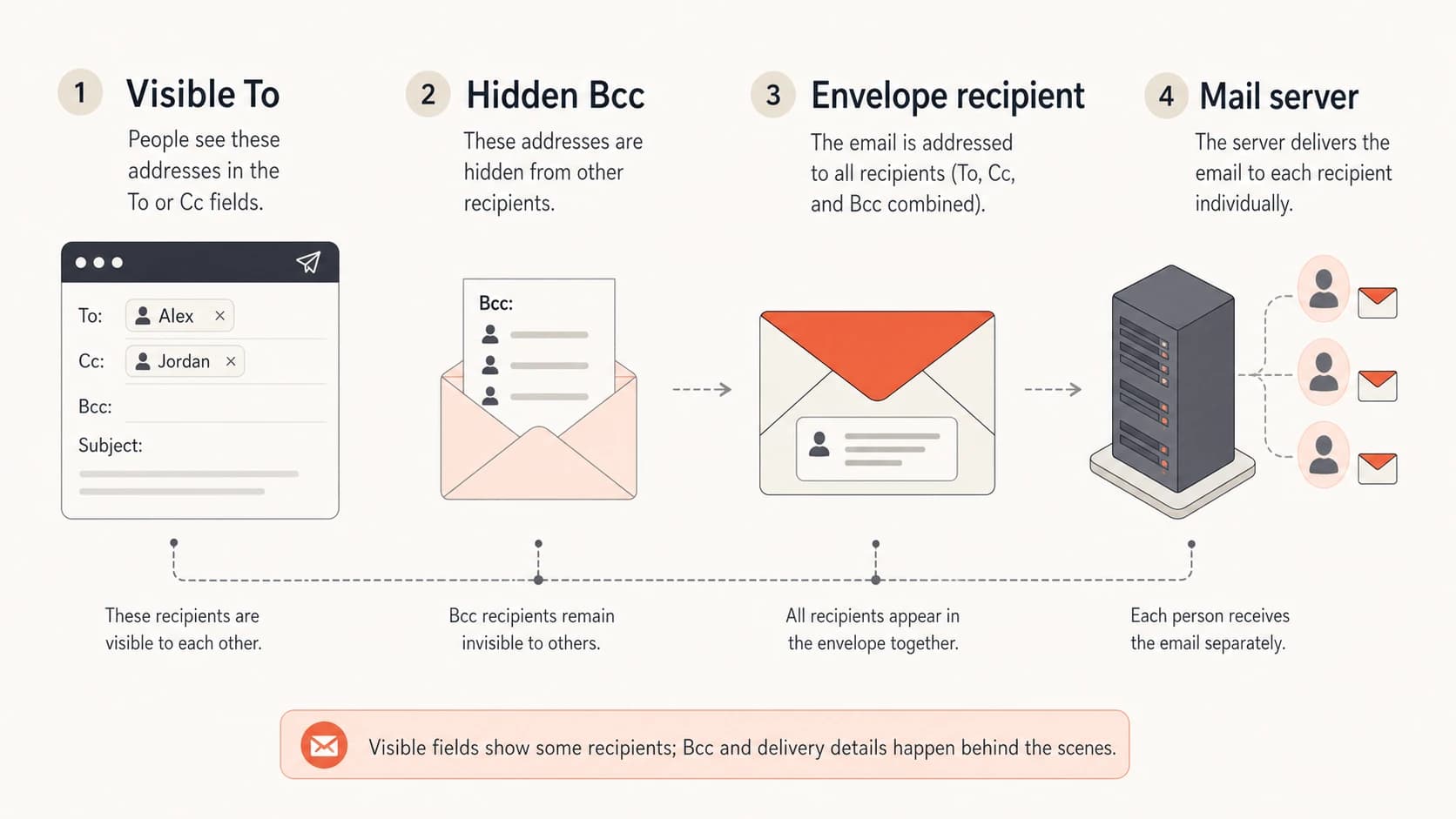 Visible headers and hidden delivery recipients shown as separate email parts.