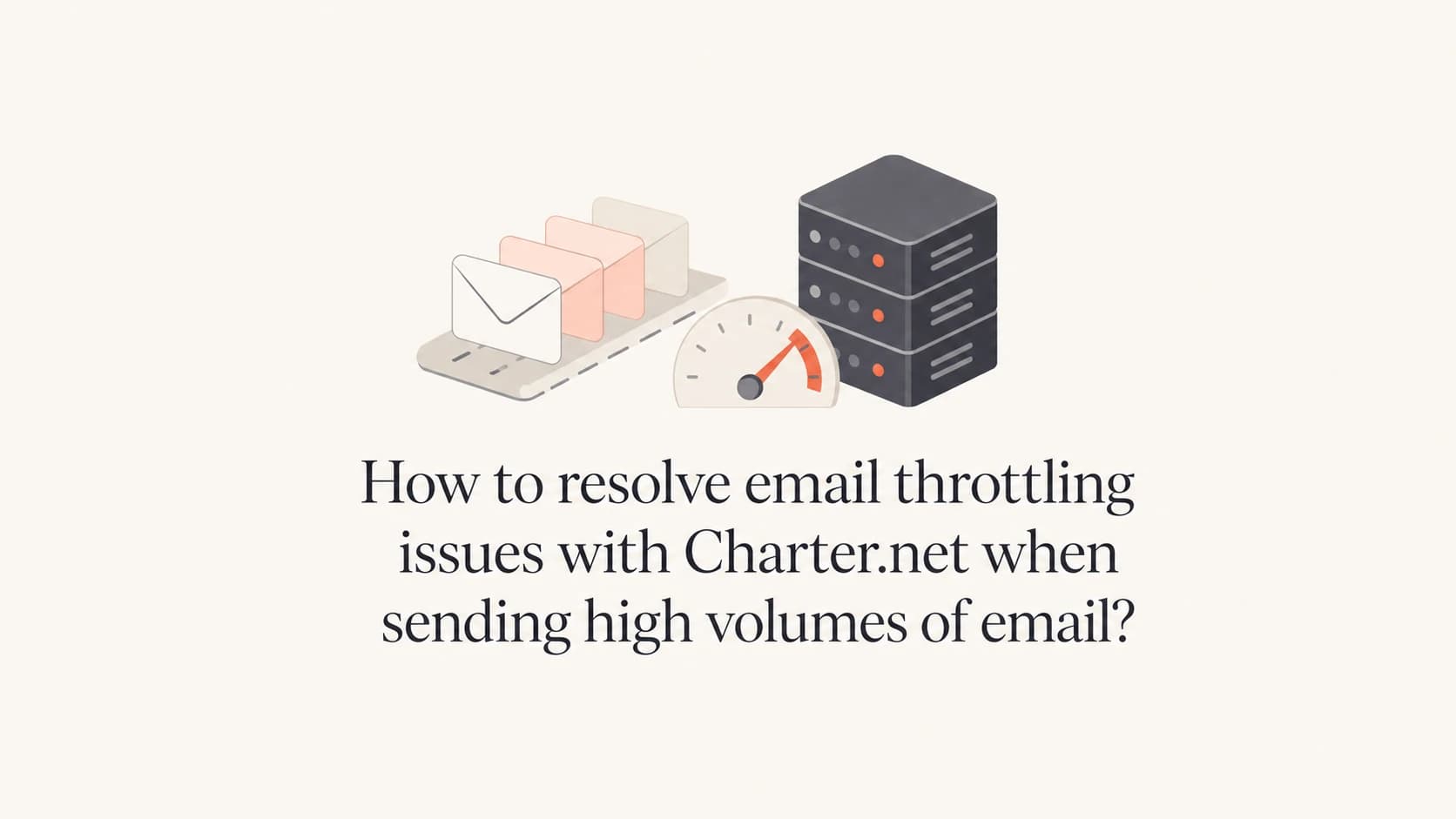 A calm editorial image showing a throttled email queue for Charter.net delivery.