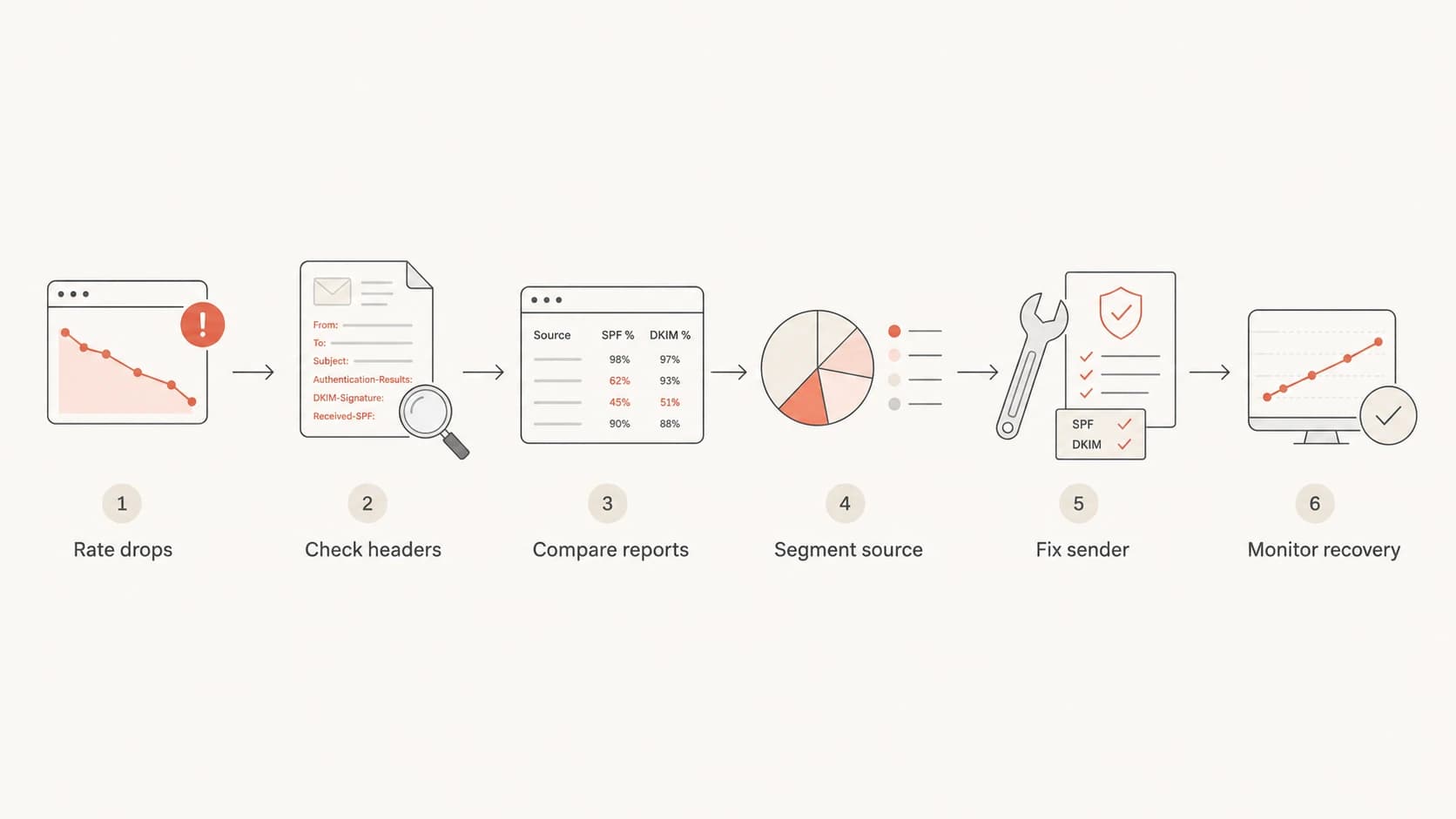Decision path for validating a Postmaster Tools authentication rate drop.