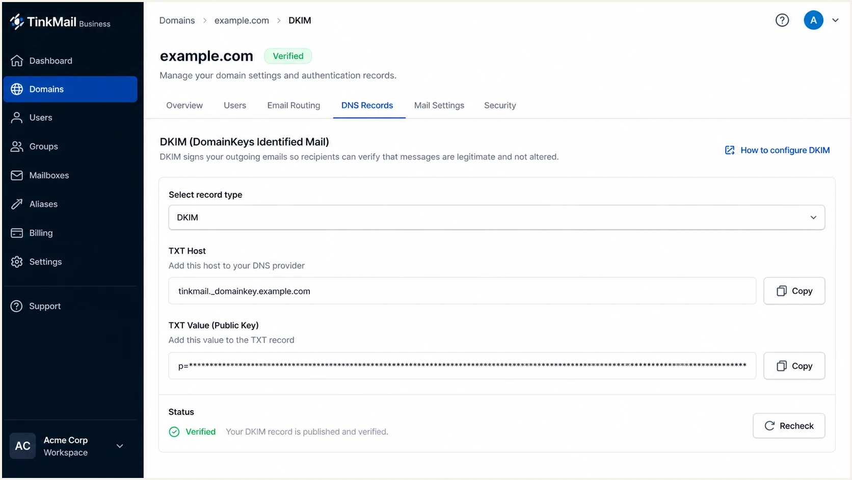 TinkMail DKIM selector and public key screen