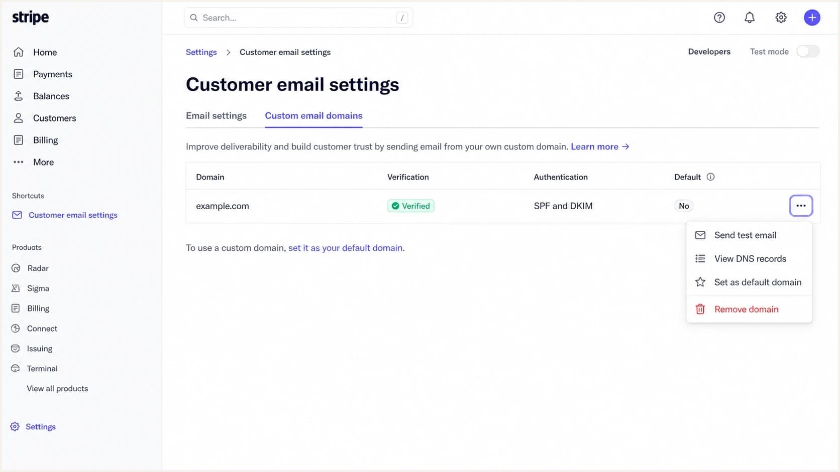 Stripe Customer email settings showing a verified custom email domain.