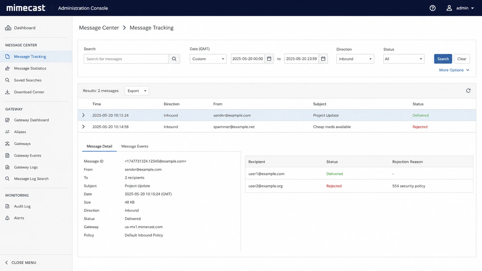 Mimecast Administration Console can show different outcomes per recipient.