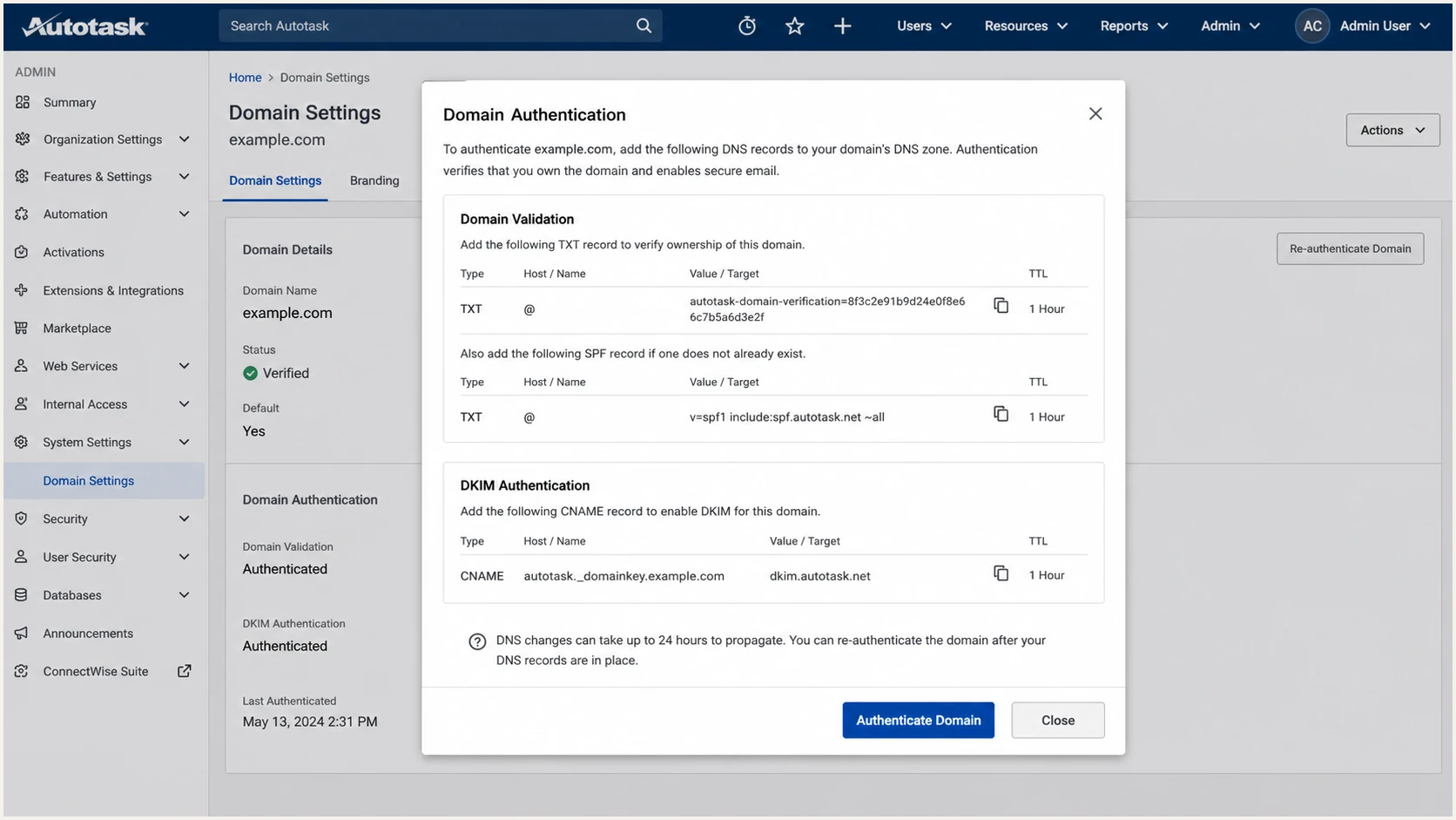 Autotask PSA Domain Authentication dialog with validation and DKIM records