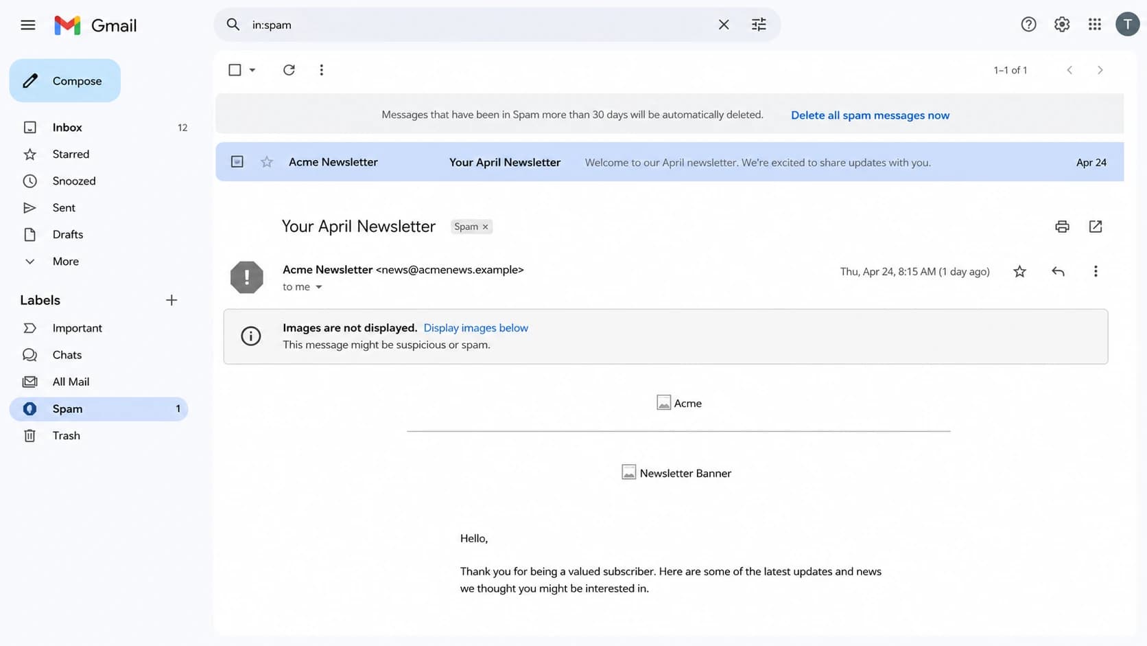 Gmail Spam folder view with remote images not loaded.