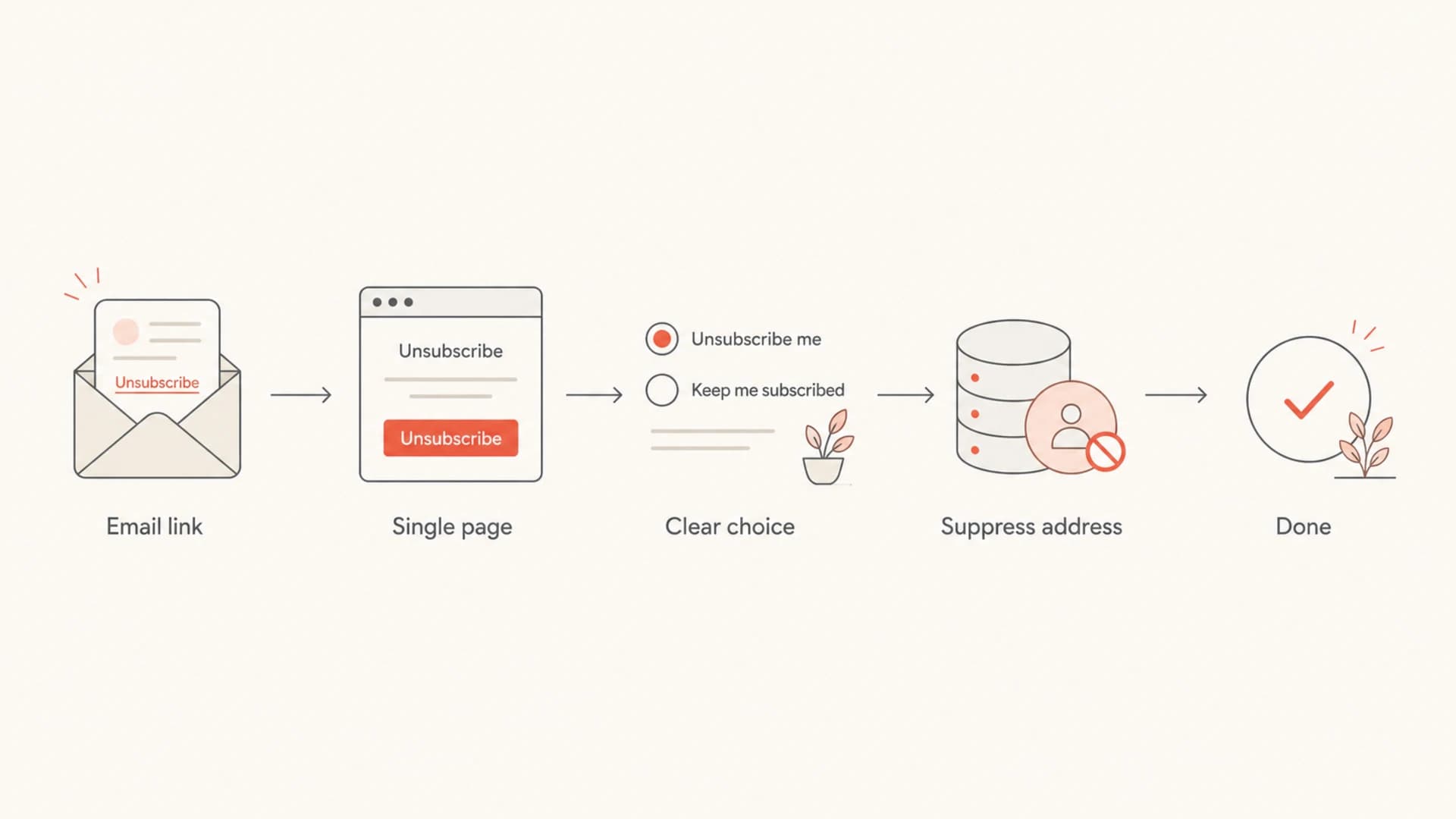 Flowchart showing a compliant unsubscribe path from email link to suppression.