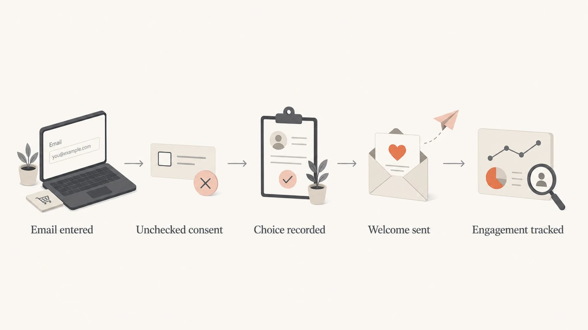 Flowchart showing an email opt-in path that starts with an unchecked consent choice.