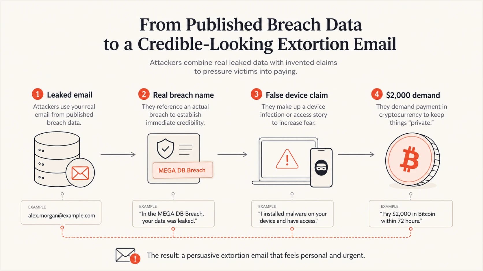 Published breach data supplies a real email and company name before the scam adds a false device claim and Bitcoin demand.