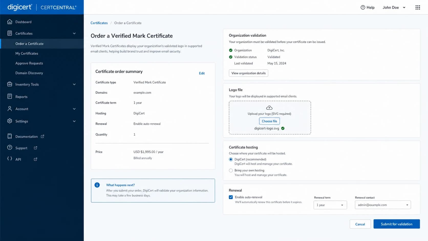 DigiCert CertCentral VMC ordering workflow screenshot concept.