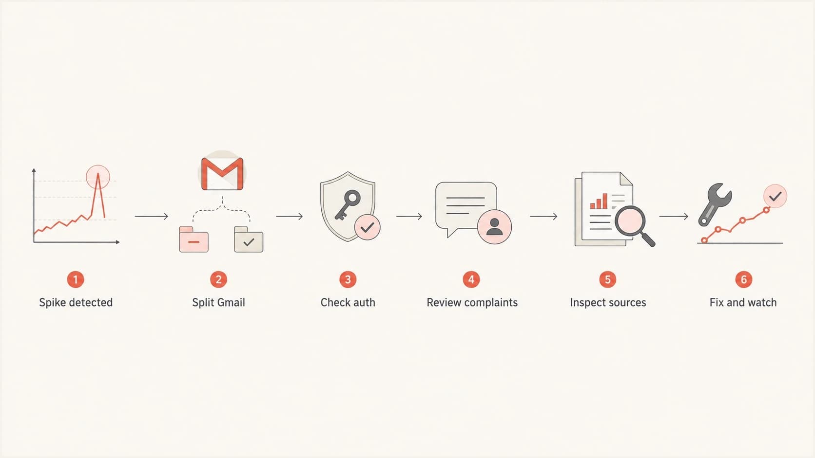 Flowchart showing the order for investigating a sudden Gmail spam filtering spike.